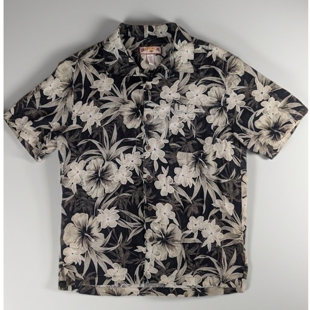 Caribbean Joe Large Black 100% Linen Floral Tropical Hawaiian Shirt Men's L